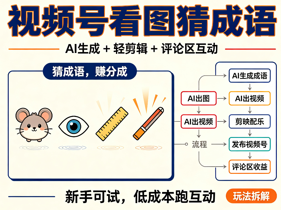 视频号分成计划新玩法：用AI生成看图猜成语视频，互动高，日收益300+案例拆解