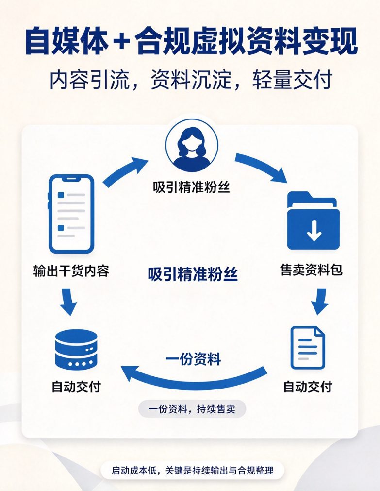 自媒体+合规虚拟资料变现：0成本启动，一台电脑，一次制作反复售卖，新手2-3个月可做到1500-4000元/月